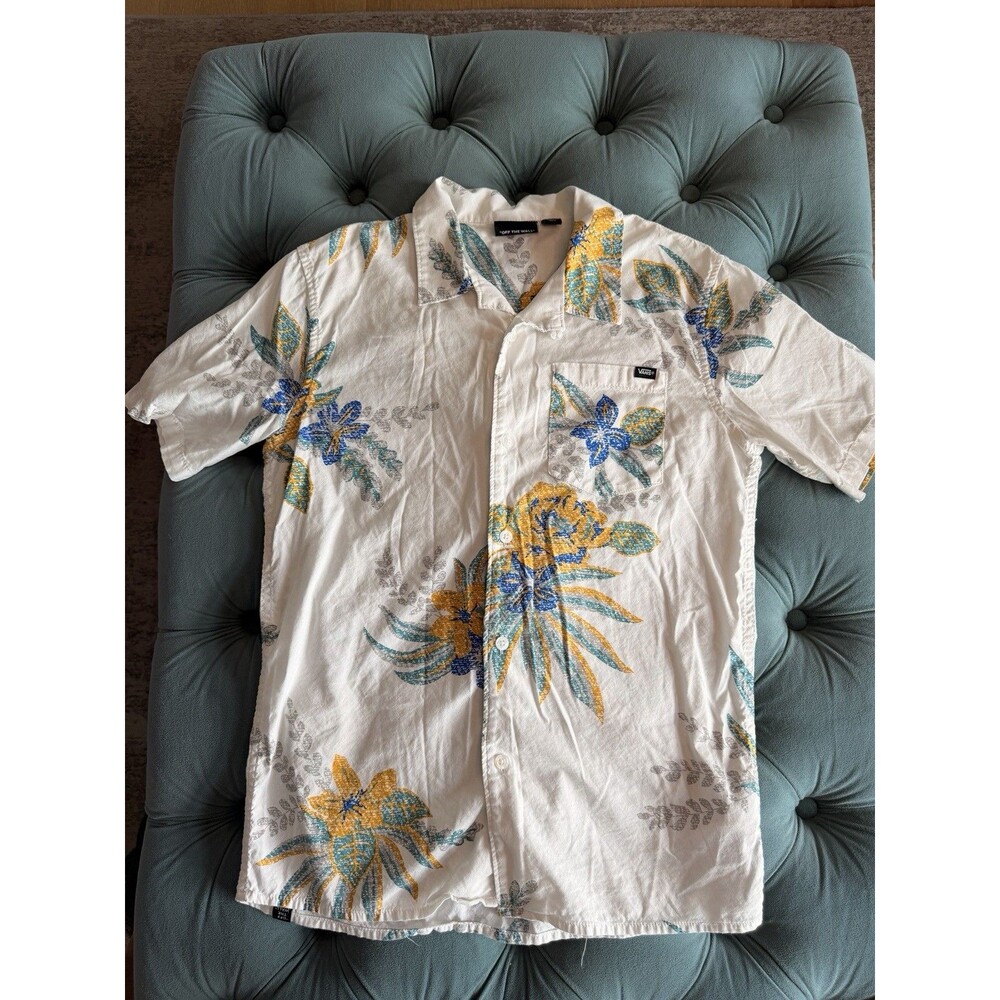 Vans Off The Wall Shirt HAWAIIAN Youth L Cotton Yellow & Blue with HIBISCUS